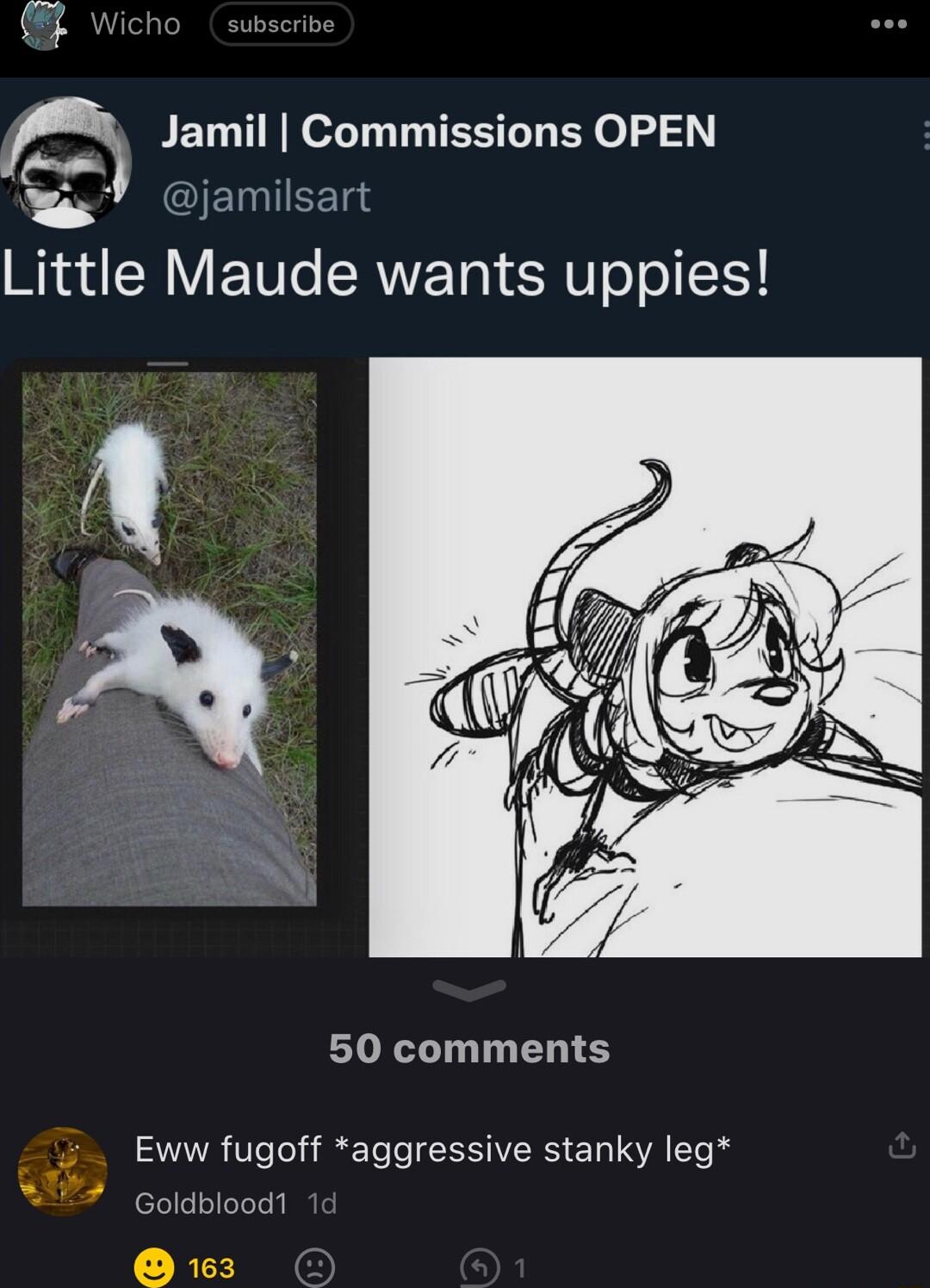 wi Jamil Commissions OPEN g IS Il Little Maude wants uppies 50 comments Eww fugoff aggressive stanky leg Goldblood1