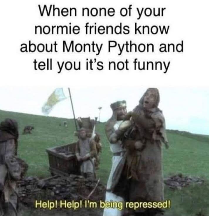 When none of your normie friends know about Monty Python and tell you it’s not funny

Help! Help! I'm being repressed!