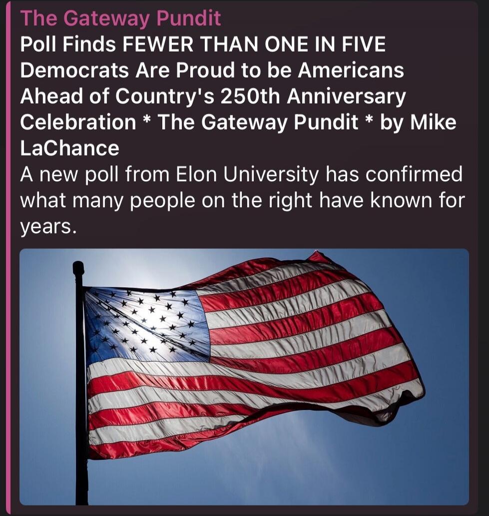 The Gateway Pundit Poll Finds FEWER THAN ONE IN FIVE Democrats Are Proud to be Americans Ahead of Country's 250th Anniversary Celebration * The Gateway Pundit * by Mike LaChance A new poll from Elon University has confirmed what many people on the right have known for years.