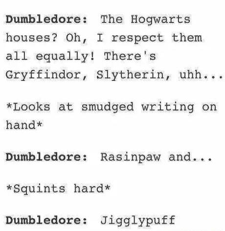 Dumbledore The Hogwarts houses Oh I respect them all equally Theres Gryffindor Slytherin uhh Looks at smudged writing on hand Dumbledore Rasinpaw and Squints hard Dumbledore Jigglypuff