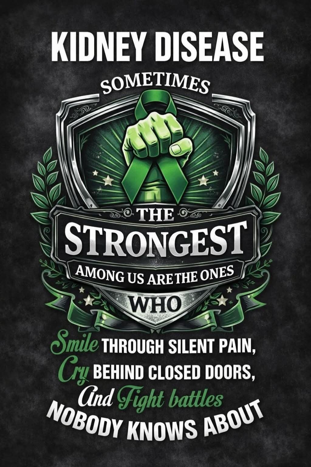 KIDNEY DISEASE SOMETIMES THE STRONGEST AMONG US ARE THE ONES WHO SMILE THROUGH SILENT PAIN, BEHIND CLOSED DOORS, AND FIGHT BATTLES NOBODY KNOWS ABOUT