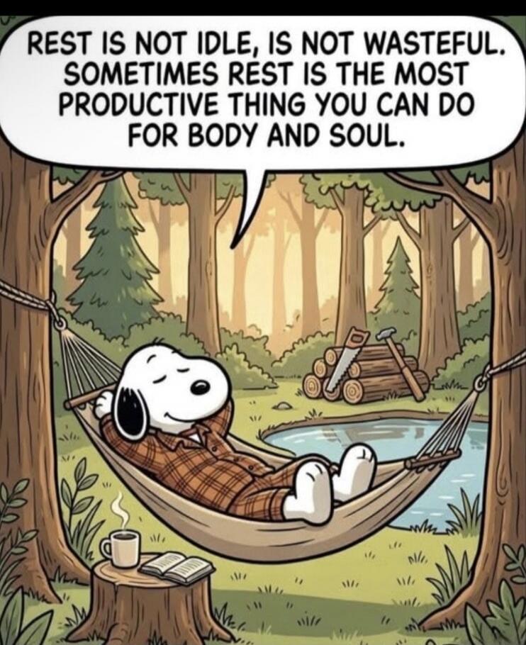REST IS NOT IDLE, IS NOT WASTEFUL. SOMETIMES REST IS THE MOST PRODUCTIVE THING YOU CAN DO FOR BODY AND SOUL.