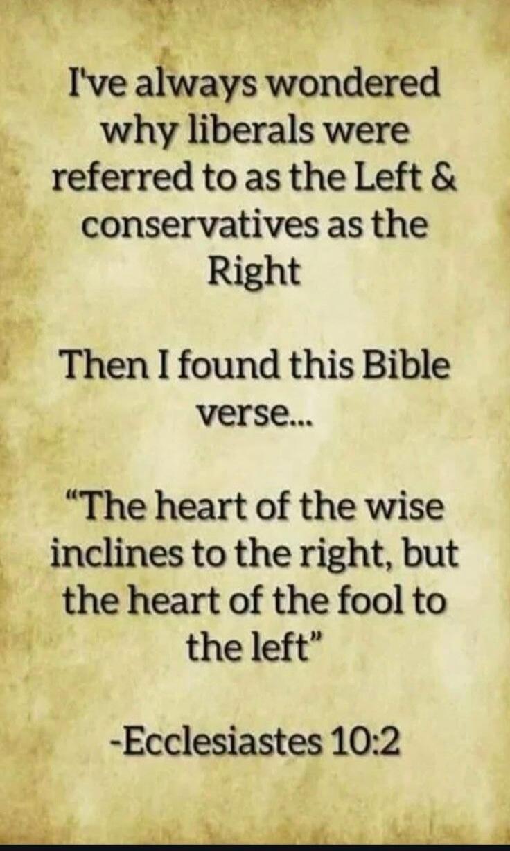 I've always wondered why liberals were referred to as the Left & conservatives as the Right. Then I found this Bible verse... 