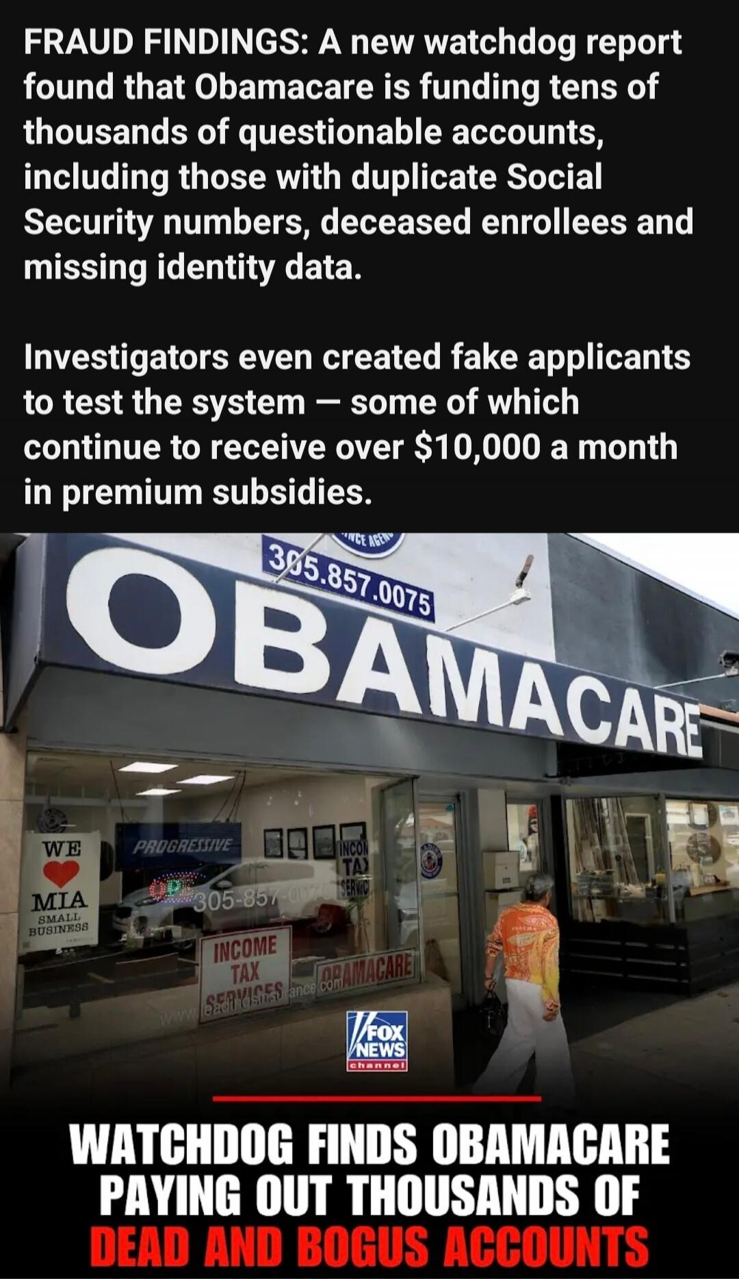 FRAUD FINDINGS: A new watchdog report found that Obamacare is funding tens of thousands of questionable accounts, including those with duplicate Social Security numbers, deceased enrollees and missing identity data.
Investigators even created fake applicants to test the system — some of which continue to receive over $10,000 a month in premium subs