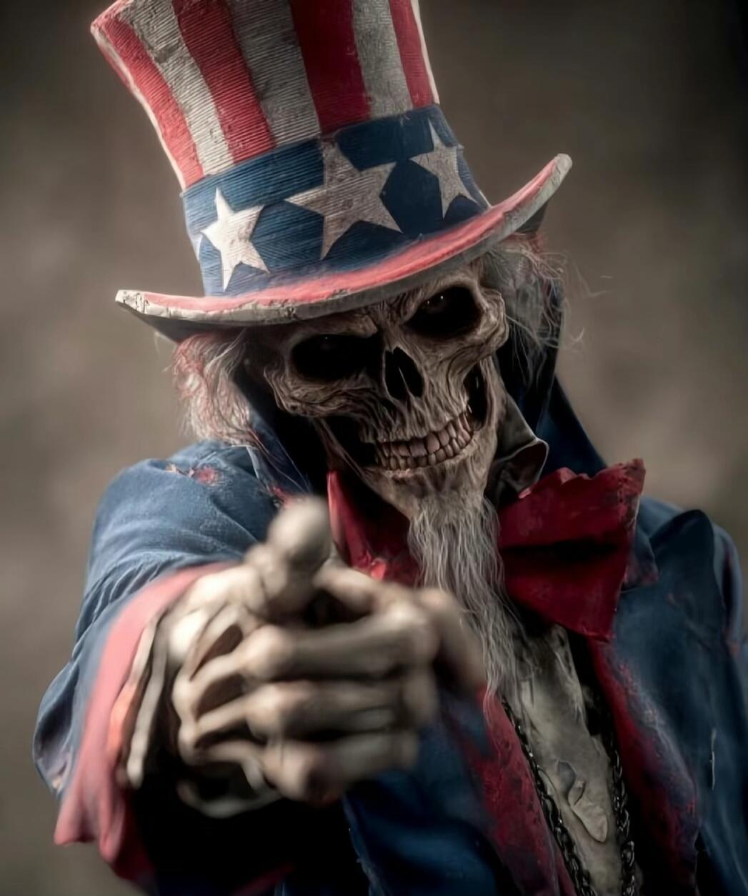 A skeletal figure wearing an Uncle Sam hat and patriotic clothing, pointing directly at the viewer.