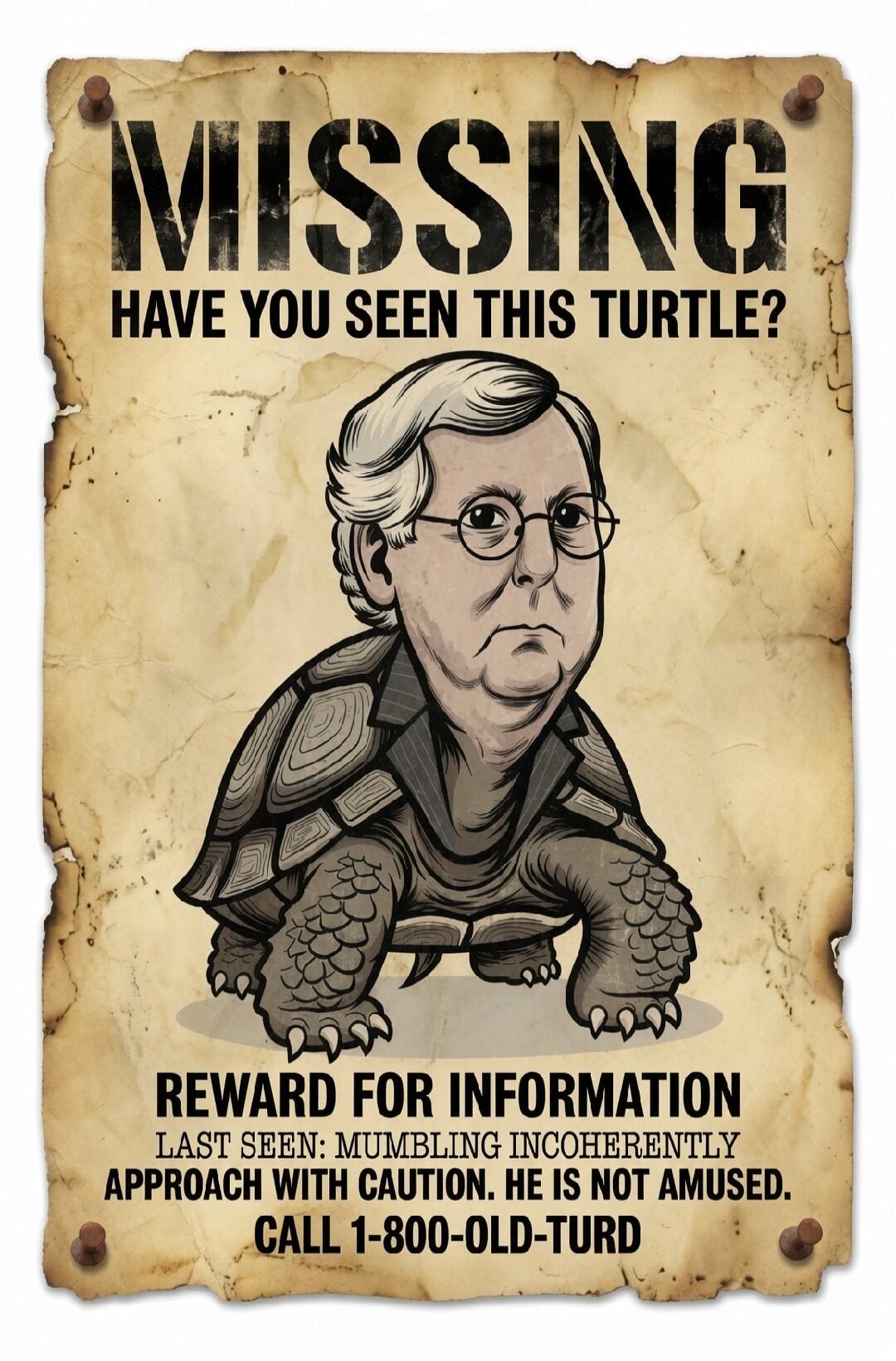 MISSING HAVE YOU SEEN THIS TURTLE? REWARD FOR INFORMATION LAST SEEN: MUMBLING INCOHERENTLY APPROACH WITH CAUTION. HE IS NOT AMUSED. CALL 1-800-OLD-TURD
