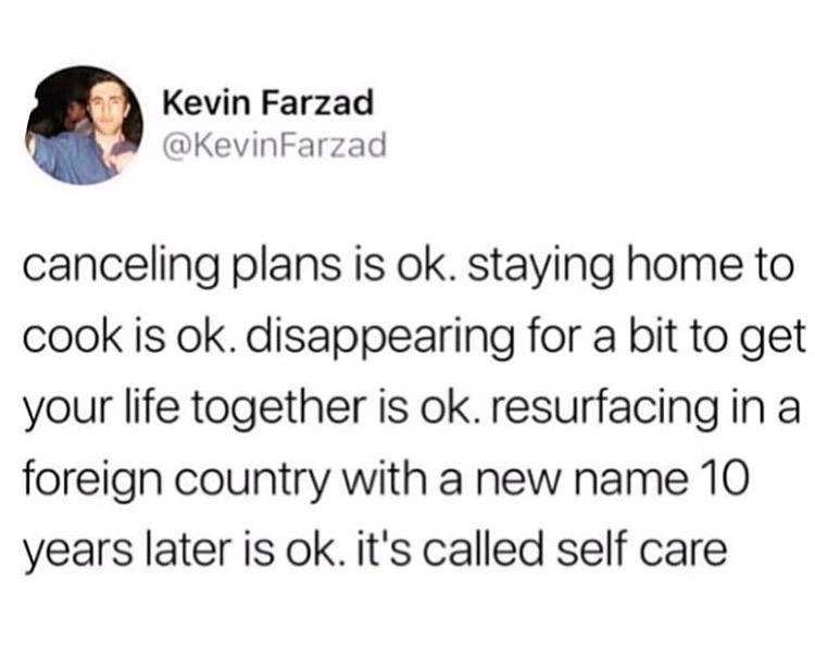 Kevin Farzad KevinFarzad canceling plans is ok staying home to cook is ok disappearing for a bit to get your life together is ok resurfacing in a foreign country with a new name 10 years later is ok its called self care