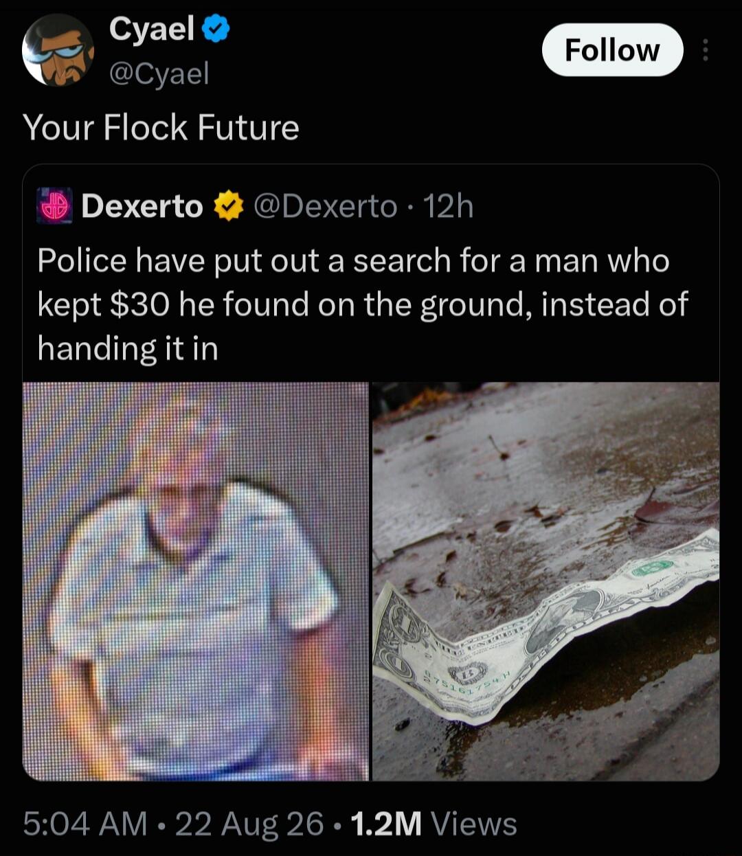 Cyael Your Flock Future Dexerto Police have put out a search for a man who kept $30 he found on the ground, instead of handing it in