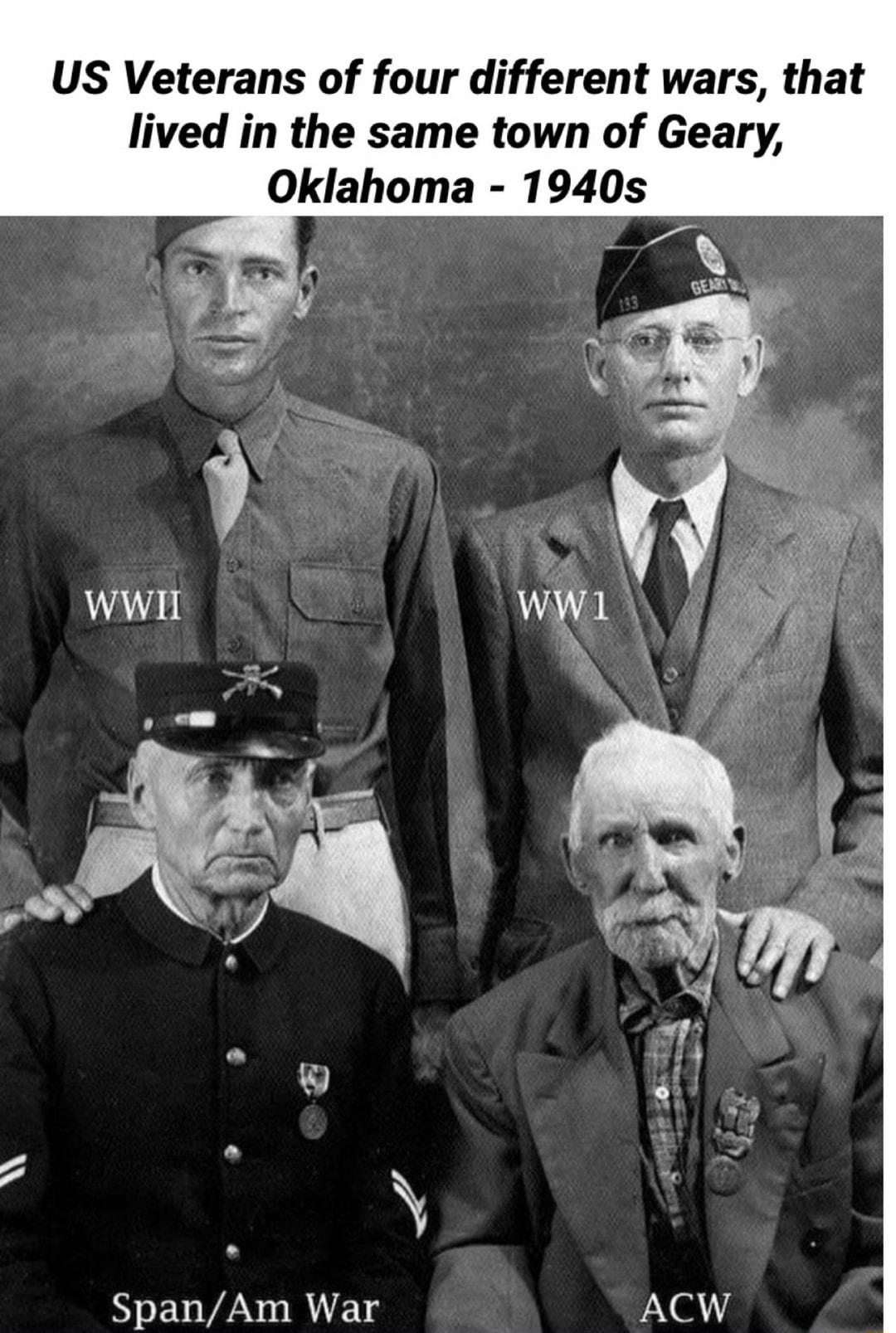 US Veterans of four different wars that lived in the same town of Geary Oklahoma 1940s SpanAm War ACW