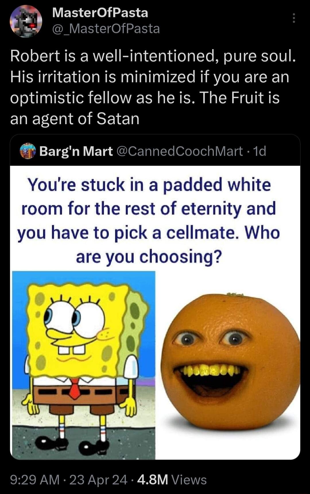 e ER R Robert is a well intentioned pure soul His irritation is minimized if you are an optimistic fellow as he is The Fruit is ENECIEIREIEN Bargn Mart CannedCoochMart 1d Youre stuck in a padded white room for the rest of eternity and you have to pick a cellmate Who are you choosing 48M