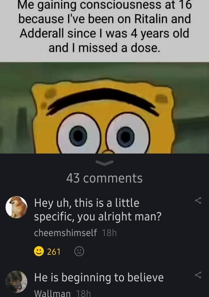 Vie gaining consciousness at because Ive been on Ritalin and Adderall since was 4 years old and missed a dose 0 RNl ninlhie Hey uh this is a little specific you alright man cheemshimself 261 He is beginning to believe Wallman