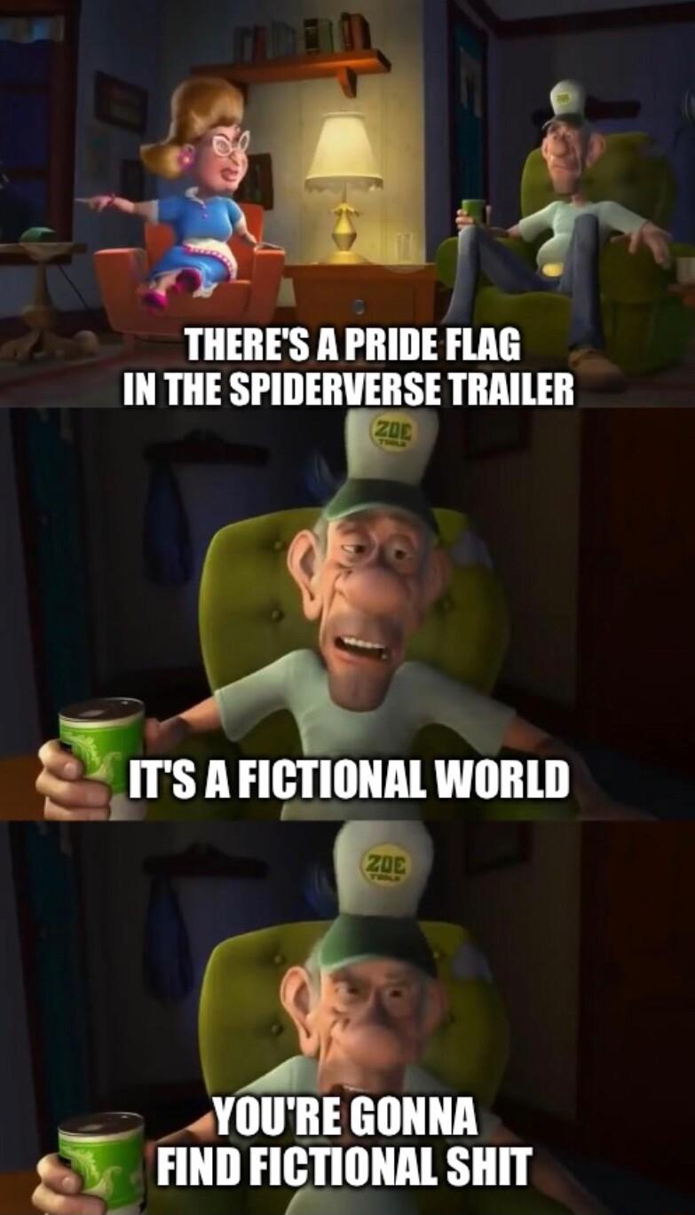 q 1 THERES A PRIDE FLAG IN THE SPIDERVERSE TRAILER ranrlquuum WORLD T FRDFICTIONAL S
