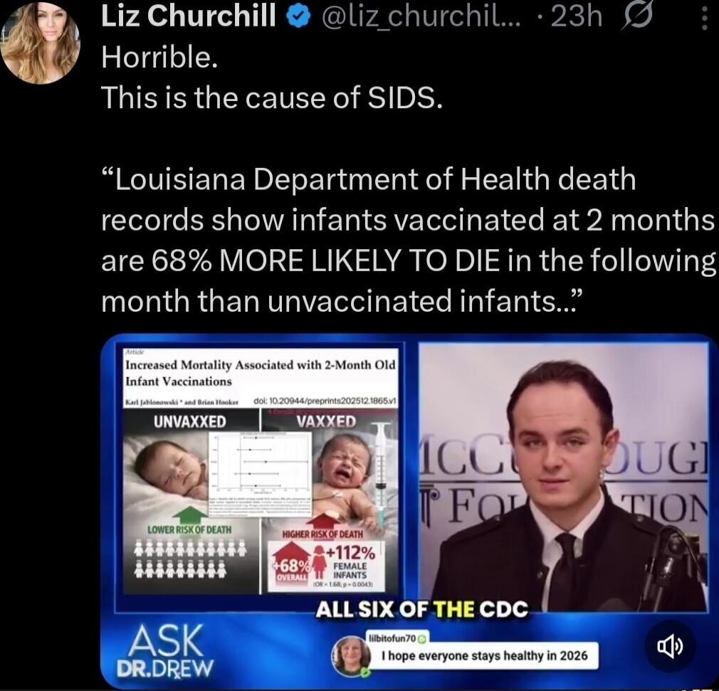 Liz Churchill @liz_churchill... Horrible. This is the cause of SIDS. “Louisiana Department of Health death records show infants vaccinated at 2 months are 68% MORE LIKELY TO DIE in the following month than unvaccinated infants…”