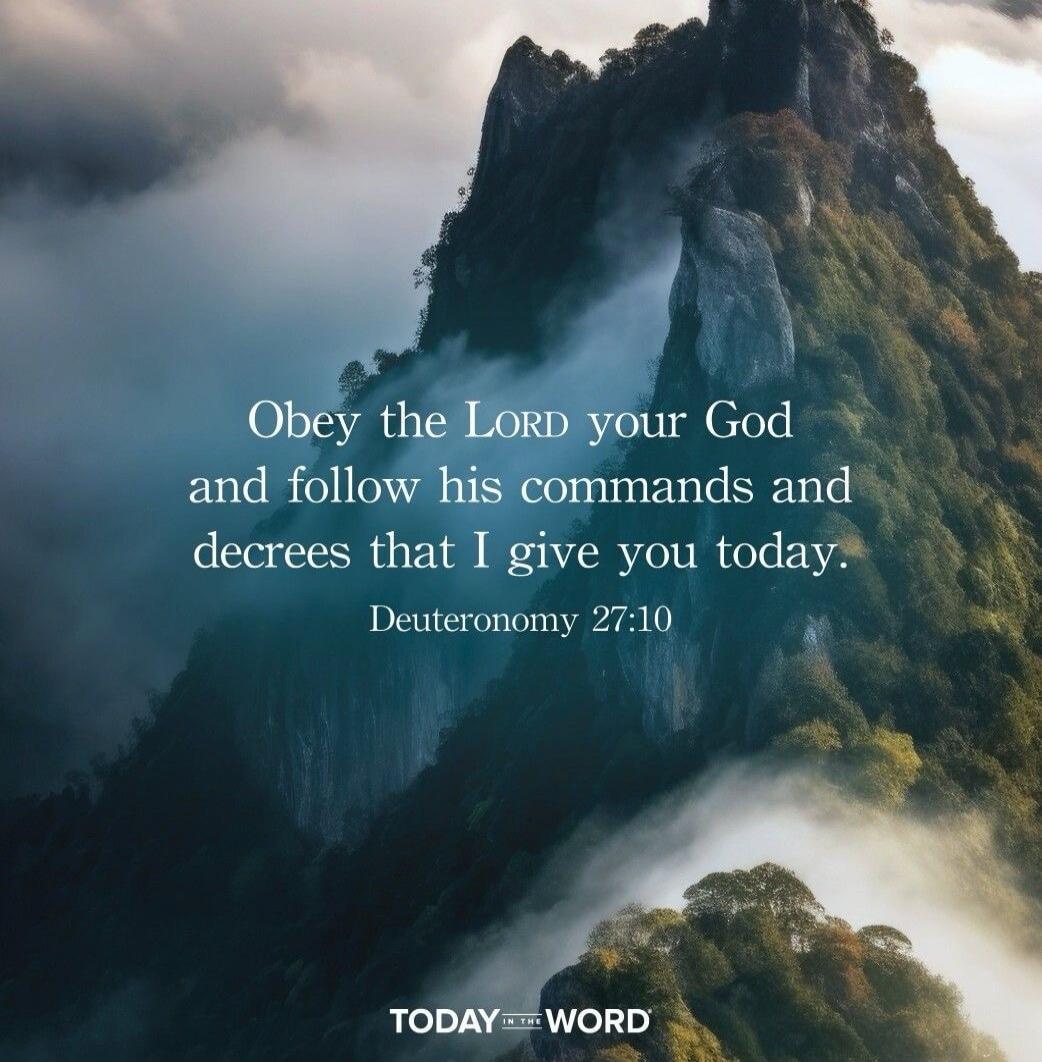 Obey the Lord your God and follow his commands and decrees that I give you today. Deuteronomy 27:10