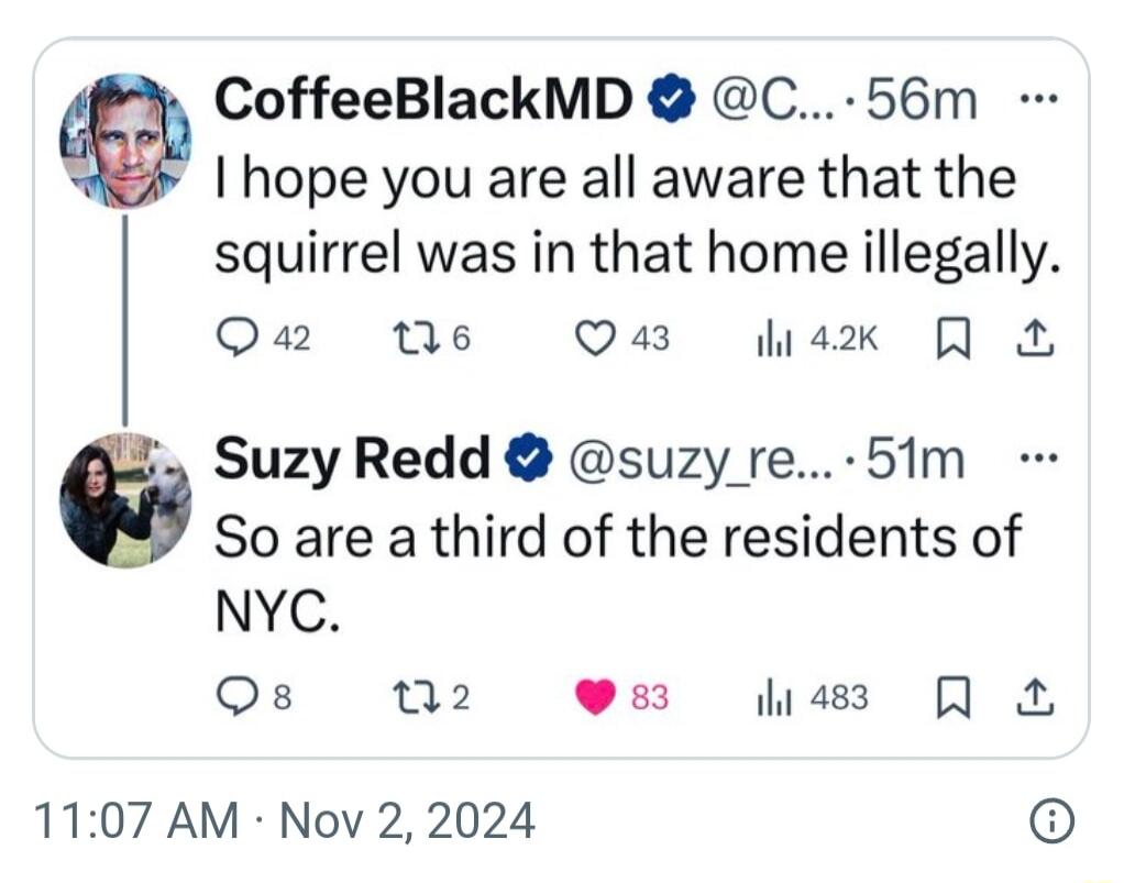 CoffeeBlackMD C 56m I hope you are all aware that the squirrel was in that home illegally Qa2 Ns Q43 sk Q Suzy Redd suzy re 51m So are a third of the residents of NYC Qs 102 4z QA 1107 AM Nov 2 2024