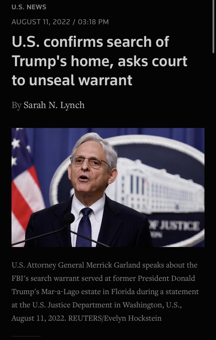 3269 safari A REUTERS A O US NEWS AUGUST 11 2022 0318 PM ORSA el o ild 0 FRT ETd e Trumps home asks court LRV EEIRVETE 1 3y Sarah N Lynch L US Attorney General Merrick Garland speaks about the FBIs search warrar ved at former Pres Donald Trumps Mar a Lago estate in Florida during a statement at the US Justice Department in Washington US August 11 2022 REUTERSEvelyn Hockstein G