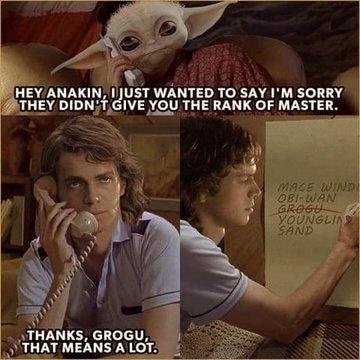 HEY ANAKIN JUST WANTED TO SAYIM SORRY THEY DIDNGIVE YOU THE RANK OF MASTER THANKS GROGU THAT MEANS A