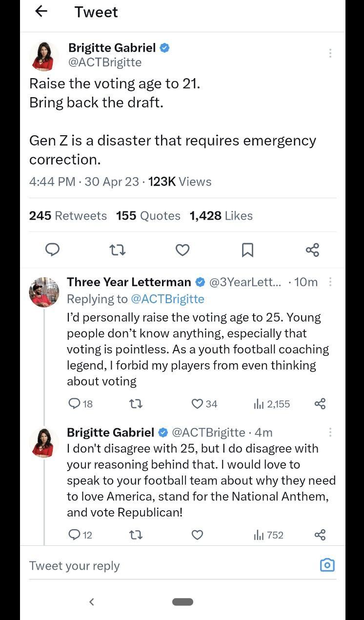 Tweet Brigitte Gabriel CTBrigitte Raise the voting age to 21 Bring back the draft Gen Z is a disaster that requires emergency correction PM 30 Apr 23 123K Views 245 Retweets 155 Quotes 1428 Likes n o 4 Three Year Letterman 3Yearlett Om Replying to ACTBrigitt Id personally raise the voting age to 25 Young people dont know anything especially that votingis pointless As a youth football coaching lege