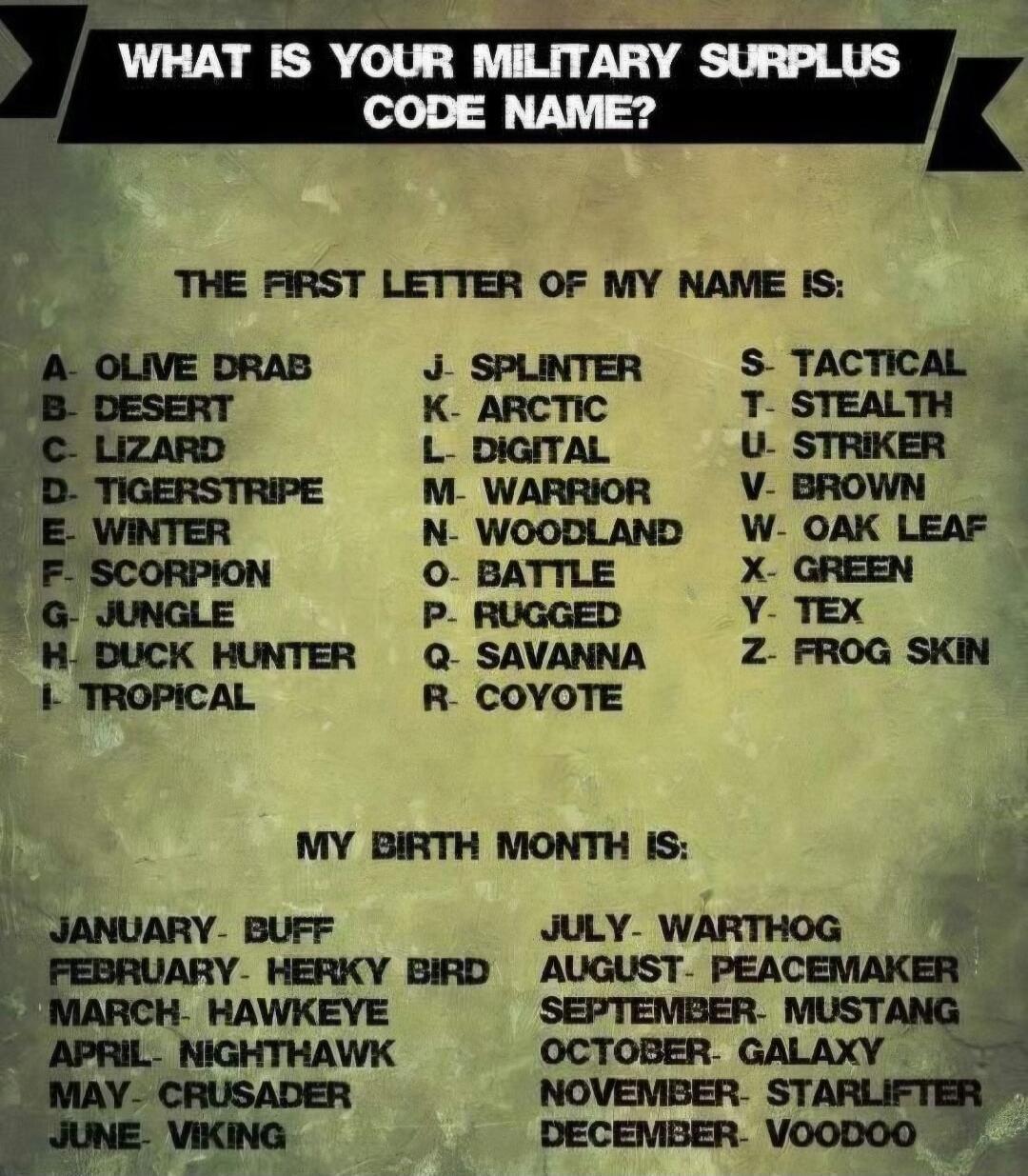 WHAT IS YOUR MILITARY SURPLUS CODE NAME? THE FIRST LETTER OF MY NAME IS: A- OLIVE DRAB, B- DESERT, C- LIZARD, D- TIGERSTRIPE, E- WINTER, F- SCORPION, G- JUNGLE, H- DUCK HUNTER, I- TROPICAL, J- SPLINTER, K- ARCTIC, L- DIGITAL, M- WARRIOR, N- WOODLAND, O- BATTLE, P- RUGGED, Q- SAVANNA, R- COYOTE, S- TACTICAL, T- STEALTH, U- STRIKER, V- BROWN, W- OAK 