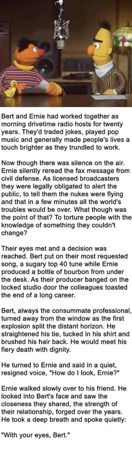 Bert and Ernie had worked together as morning drivetime radio hosts for twenty years Theyd traded jokes played pop music and generally made peoples lives a touch brighter as they trundled to work Now though there was silence on the air Ernie silently reread the fax message from civil defense As licensed broadcasters they were legally obligated to alert the public to tell them the nukes were flying