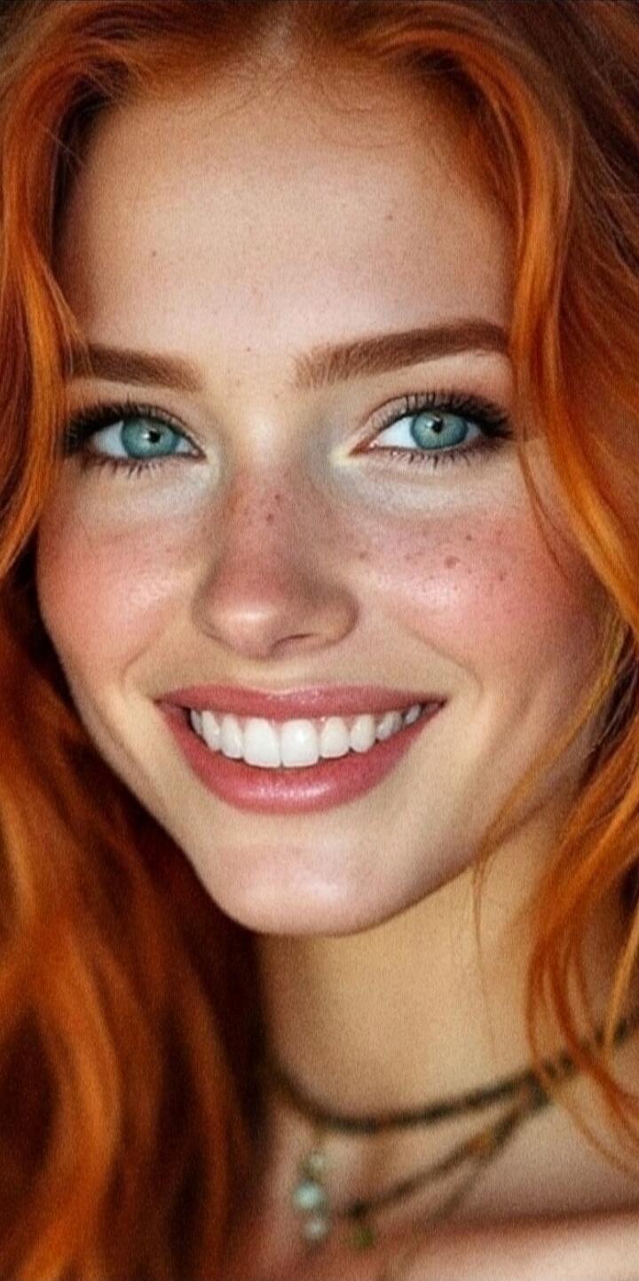 A close-up portrait of a young woman with vibrant red hair and striking blue eyes. She has a warm, inviting smile, and her face is adorned with delicate freckles. The lighting highlights her features, creating a soft and natural look.