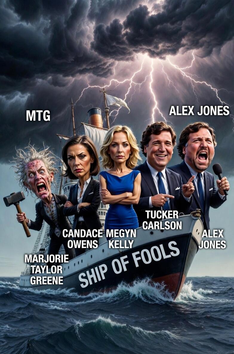 MTG Alex Jones Candace Owens Megyn Kelly Tucker Carlson Marjorie Taylor Greene Ship of Fools