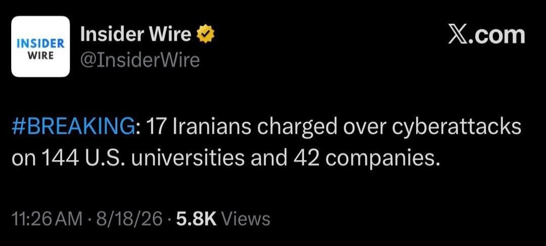 #BREAKING: 17 Iranians charged over cyberattacks on 144 U.S. universities and 42 companies.