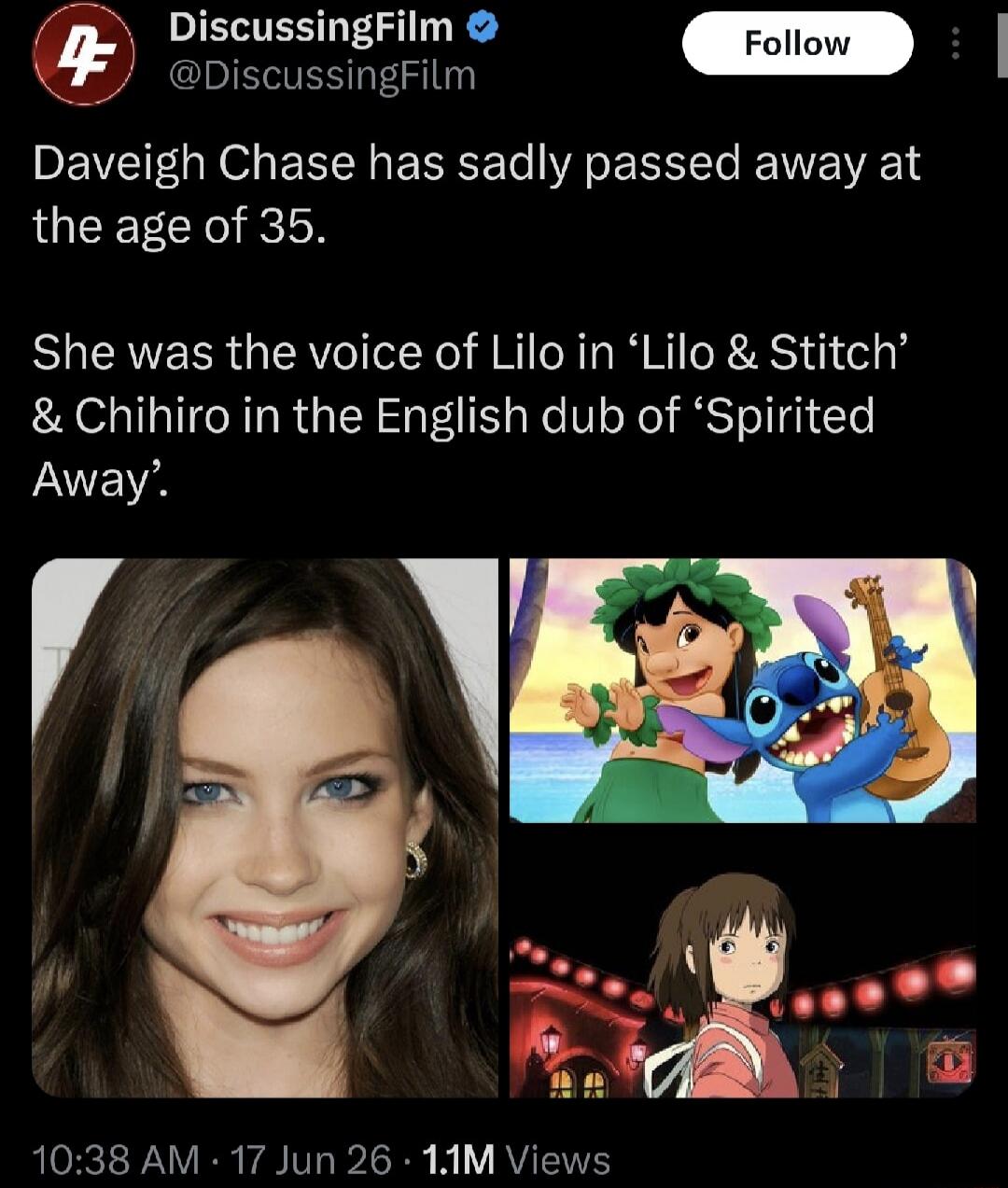Daveigh Chase has sadly passed away at the age of 35. She was the voice of Lilo in 'Lilo & Stitch' & Chihiro in the English dub of 'Spirited Away'.