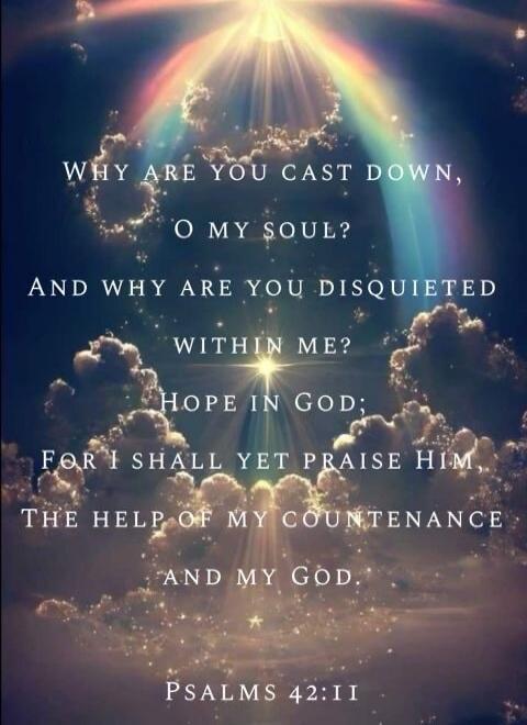 WHY ARE YOU CAST DOWN, O MY SOUL? AND WHY ARE YOU DISQUIETED WITHIN ME? HOPE IN GOD; FOR I SHALL YET PRAISE HIM, THE HELP OF MY COUNTENANCE AND MY GOD. PSALMS 42:11