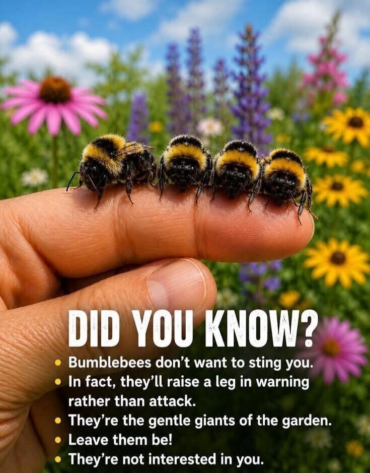 DID YOU KNOW? Bumblebees don't want to sting you. In fact, they'll raise a leg in warning rather than attack. They're the gentle giants of the garden. Leave them be! They're not interested in you.