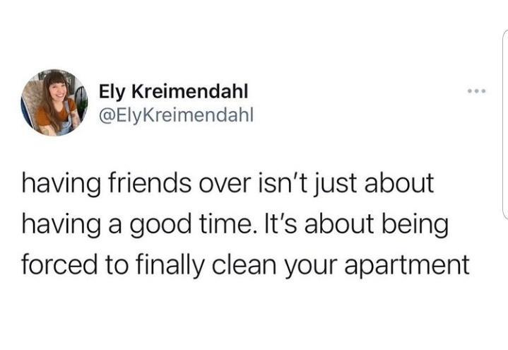 Ely Kreimendahl ElyKreimendahl having friends over isnt just about having a good time Its about being forced to finally clean your apartment