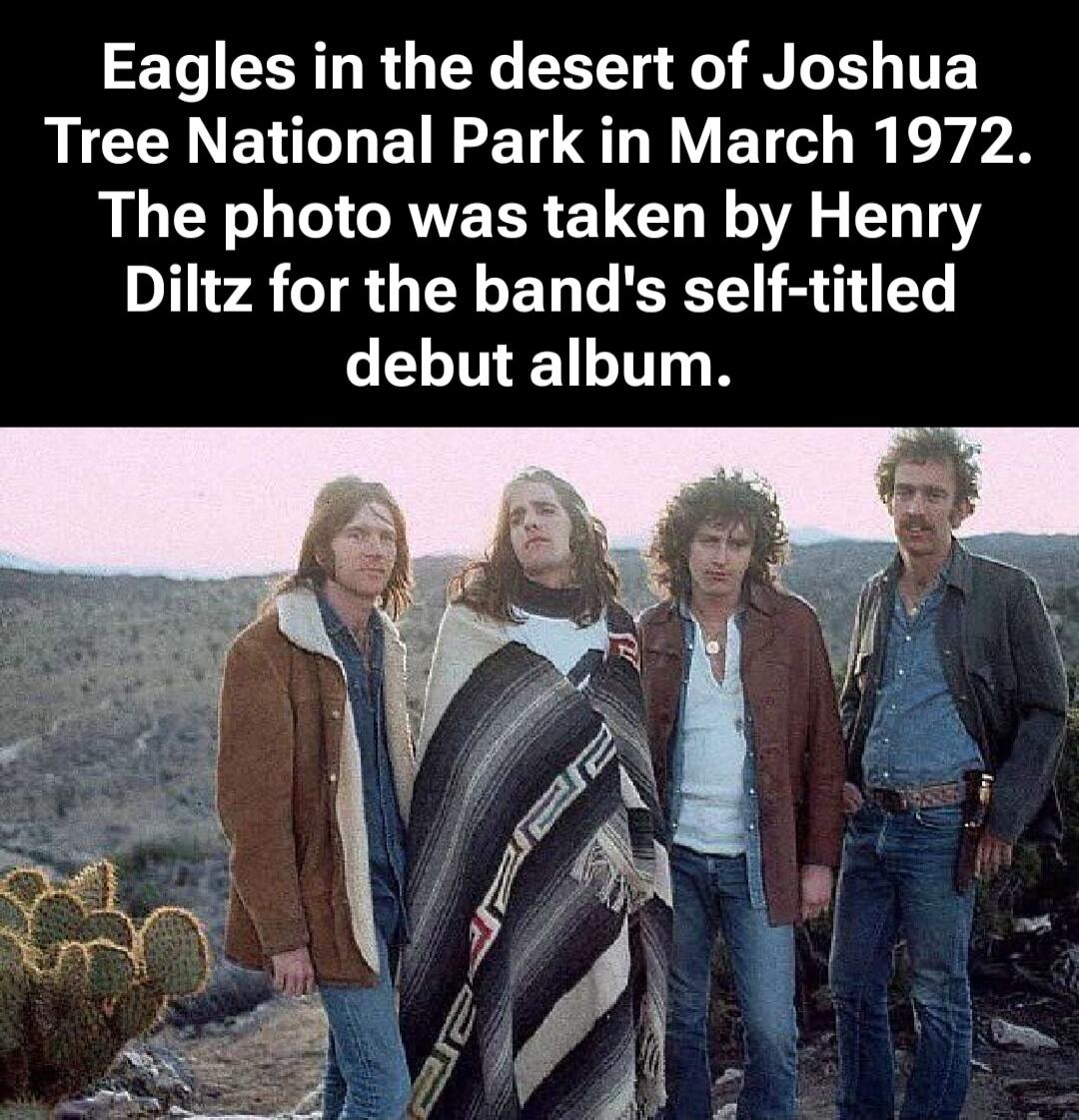 Eagles in the desert of Joshua Tree National Park in March 1972. The photo was taken by Henry Diltz for the band's self-titled debut album.