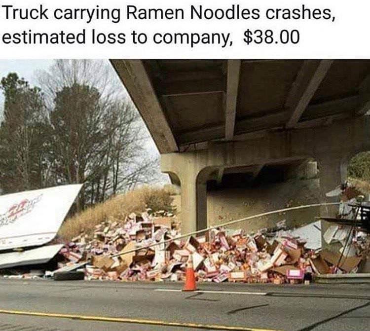 Truck carrying Ramen Noodles crashes estimated loss to company 3800
