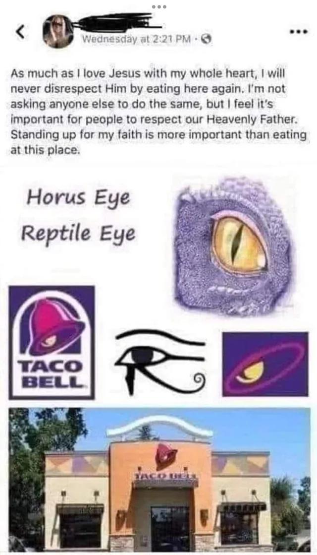 As much as love Jesus with my whole heart will never disrespect Him by eating here again Im not asking anyone else to do the same but feel its important for people to respect our Heavenly Father Standing up for my faith is more important than eating at this place Horus Eye Reptile Eye