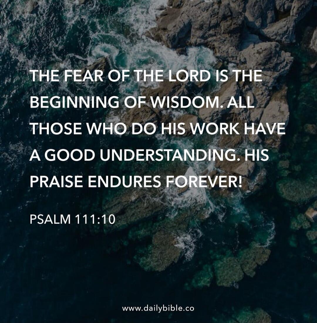 THE FEAR OF THE LORD IS THE BEGINNING OF WISDOM. ALL THOSE WHO DO HIS WORK HAVE A GOOD UNDERSTANDING. HIS PRAISE ENDURES FOREVER!

PSALM 111:10

www.dailybible.co