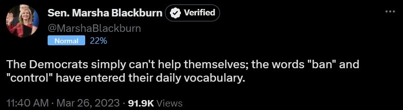 The Demaocrats simply canit help themselves the words ban and control have entered their daily vocabulary 0 AM Mar 26 2023 919K V