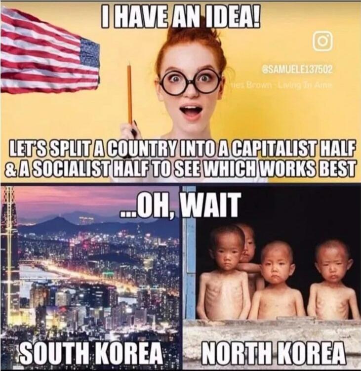 I HAVE AN IDEA! LET'S SPLIT A COUNTRY INTO A CAPITALIST HALF & A SOCIALIST HALF TO SEE WHICH WORKS BEST ...OH, WAIT SOUTH KOREA NORTH KOREA