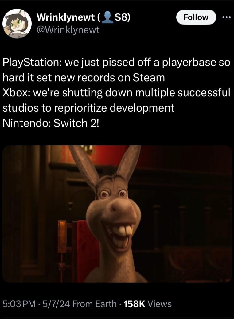 Wrinklynewt 2 8 RTINS PlayStation we just pissed off a playerbase so hard it set new records on Steam Xbox were shutting down multiple successful studios to reprioritize development Nintendo Switch 2 503PM 5724 From Earth 158K Views