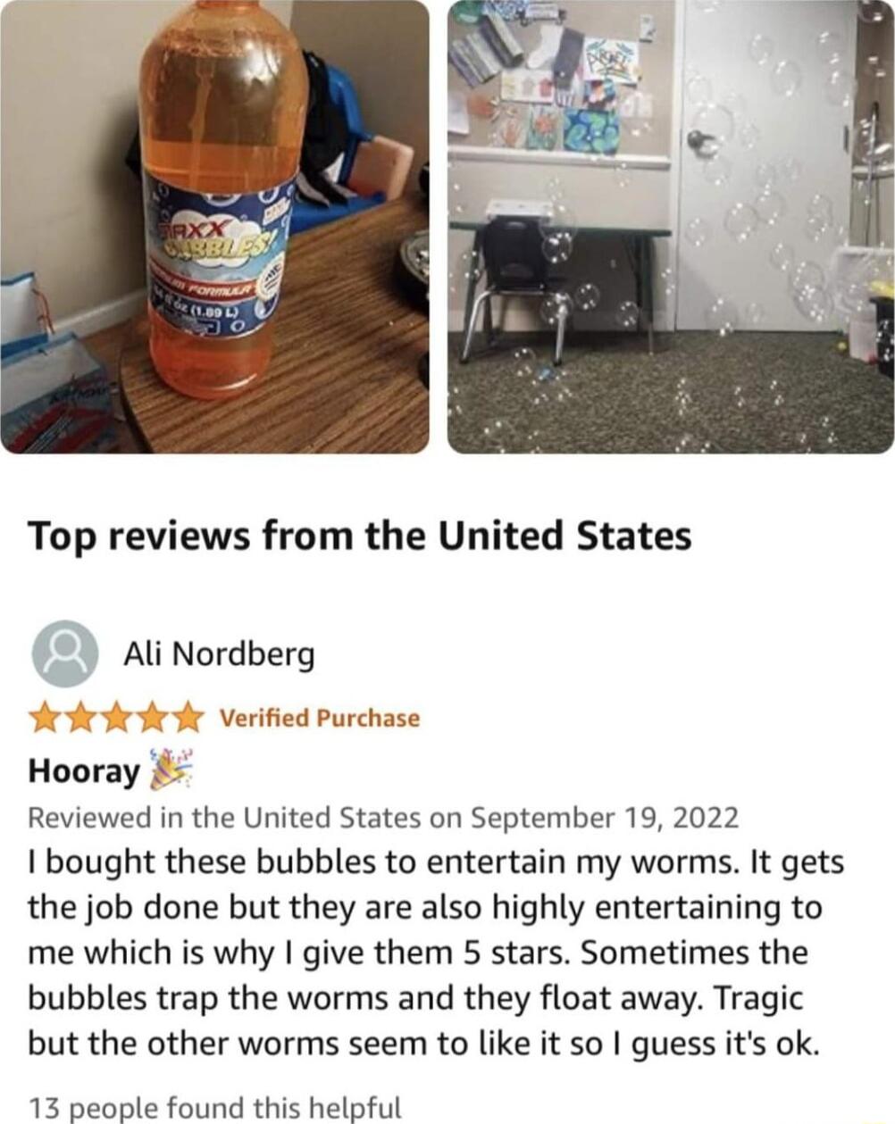 Top reviews from the United States Ali Nordberg Verified Purchase Hooray Reviewed in the United States on September 19 2022 1 bought these bubbles to entertain my worms It gets the job done but they are also highly entertaining to me which is why give them 5 stars Sometimes the bubbles trap the worms and they float away Tragic but the other worms seem to like it so guess its ok 13 people found thi