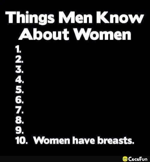 Things Men Know About Women
1.
2.
3.
4.
5.
6.
7.
8.
9.
10. Women have breasts.