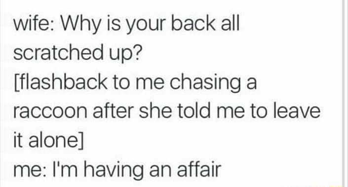 wife Why is your back all scratched up flashback to me chasing a raccoon after she told me to leave it alone me Im having an affair