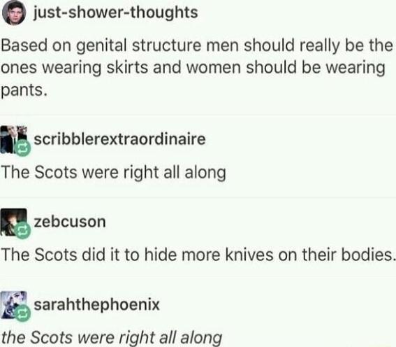 just shower thoughts Based on genital structure men should really be the ones wearing skirts and women should be wearing pants scribblerextraordinaire The Scots were right all along zebcuson The Scots did it to hide more knives on their bodies g sarahthephoenix the Scots were right all along