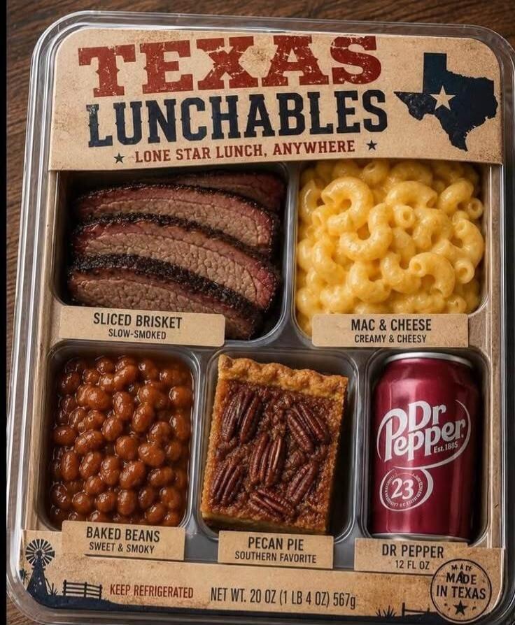 TEXAS LUNCHABLES LONE STAR LUNCH, ANYWHERE SLICED BRISKET SLOW-SMOKED MAC & CHEESE CREAMY & CHEESY BAKED BEANS SWEET & SMOKY PECAN PIE SOUTHERN FAVORITE DR PEPPER 12 FL OZ KEEP REFRIGERATED NET WT. 20 OZ (1 LB 4 OZ) 567g MADE IN TEXAS Est. 1885 23