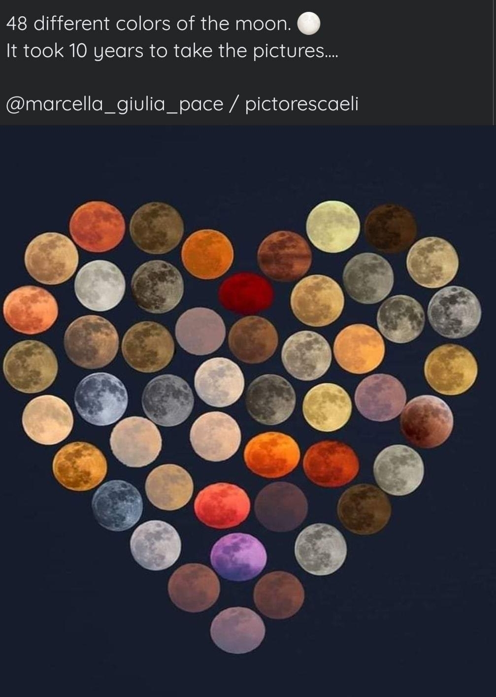 Did you know that Nov5at 115 PM 48 different colors of the moon It took 10 years to take the pictures marcella_giulia_pace pictorescaeli