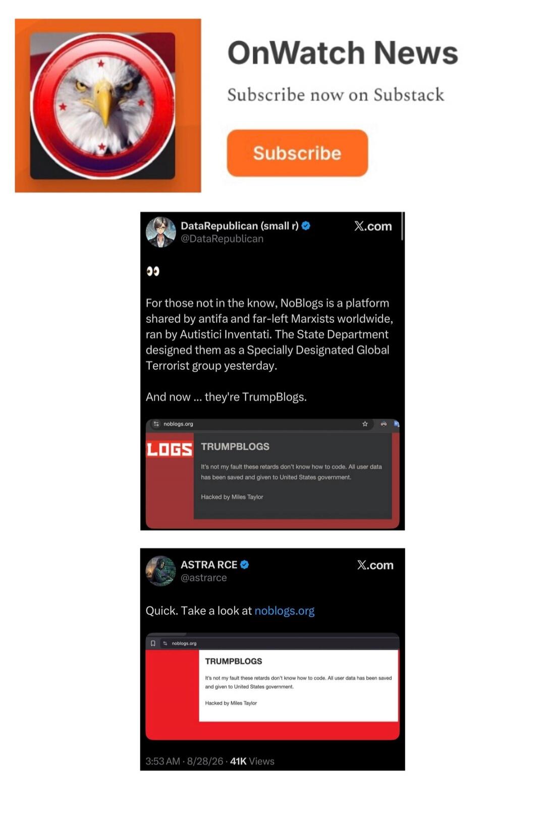 OnWatch News. Subscribe now on Substack. DataRepublican (small r) @DataRepublican: For those not in the know, NoBlogs is a platform shared by antifa and far-left Marxists worldwide, ran by Autistici Inventati. The State Department designed them as a Specially Designated Global Terrorist group yesterday. And now ... they're TrumpBlogs. LOGS TRUMPBLO