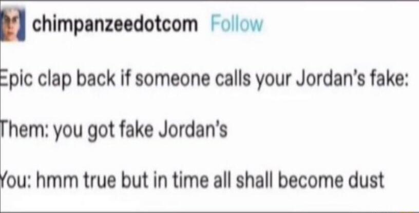 chimpanzeedotcom olow pic clap back if someone calls your Jordans fake hem you got fake Jordans fou hmm true but in time all shall become dust