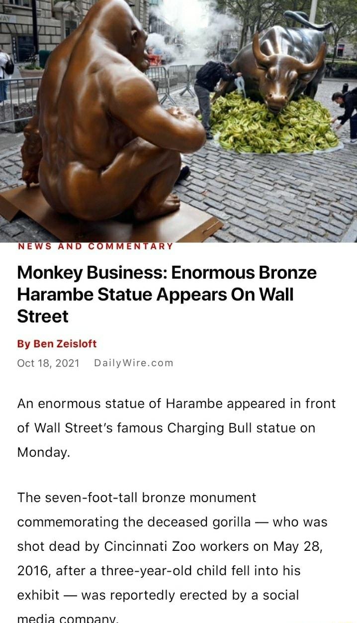 Monkey Business Enormous Bronze Harambe Statue Appears On Wall Street By Ben Zeisloft Oct 182021 DailyWirecom An enormous statue of Harambe appeared in front of Wall Streets famous Charging Bull statue on Monday The seven foot tall bronze monument commemorating the deceased gorilla who was shot dead by Cincinnati Zoo workers on May 28 2016 after a three year old child fell into his exhibit was rep