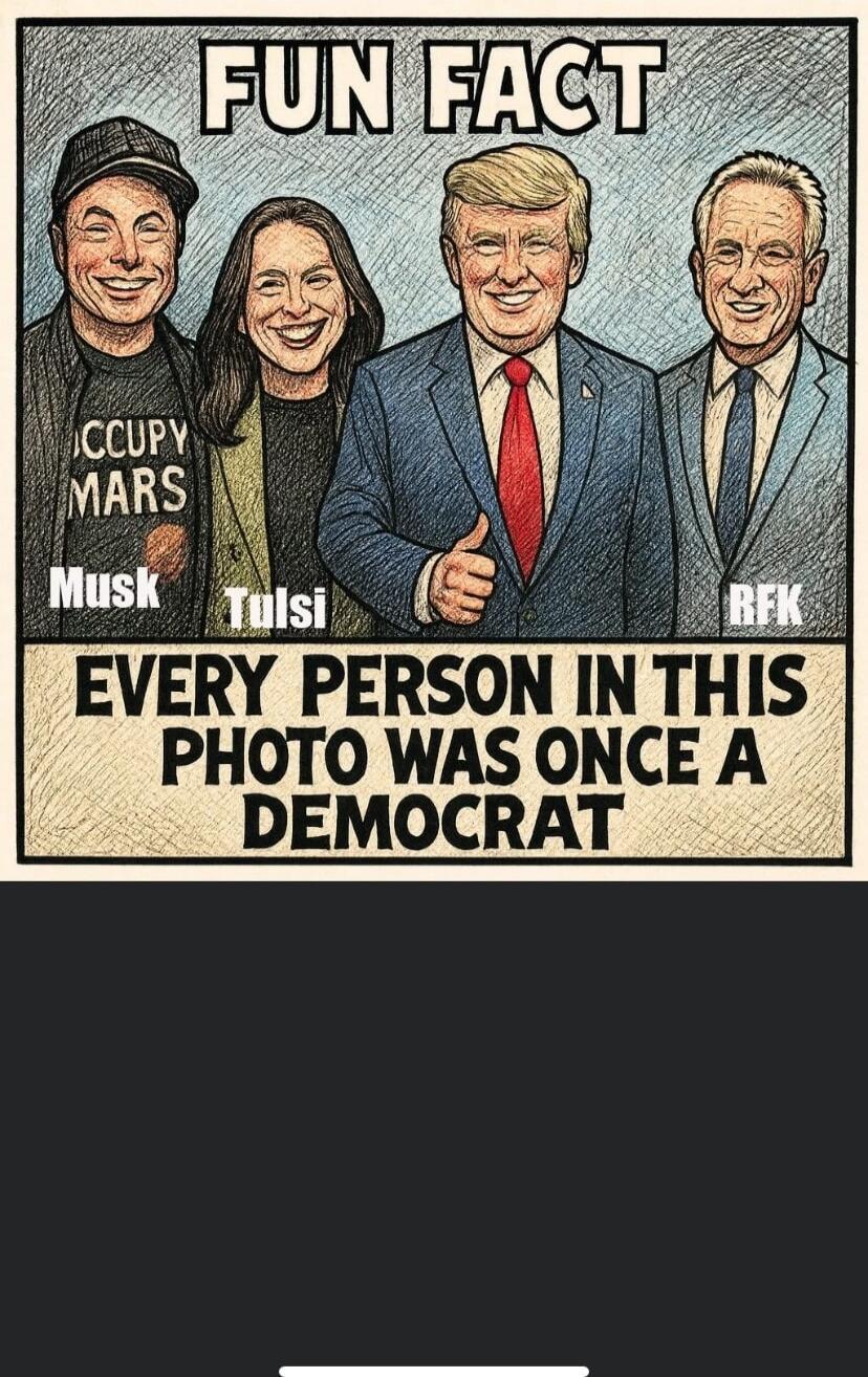 FUN FACT
EVERY PERSON IN THIS PHOTO WAS ONCE A DEMOCRAT
Musk  Tulsi  Rek