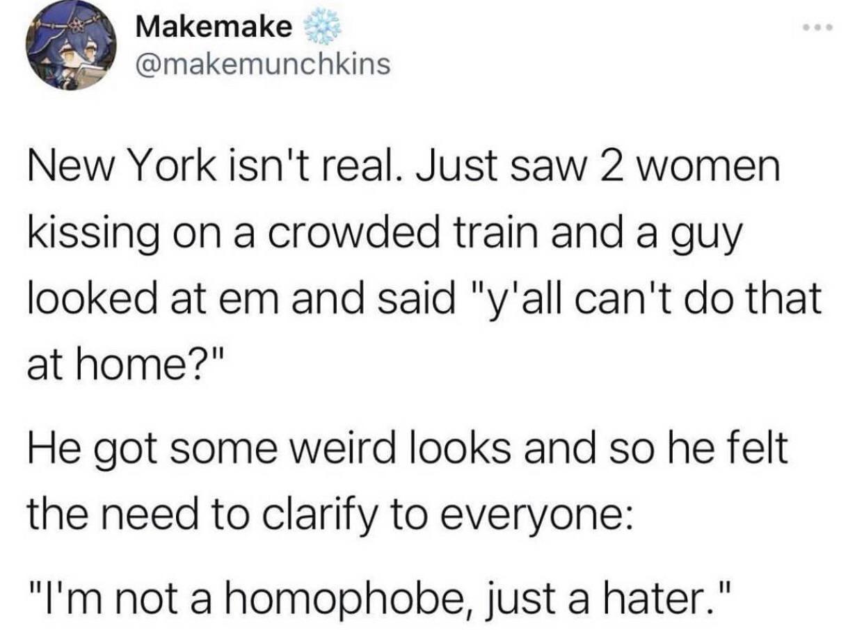 Makemake makemunchkins New York isnt real Just saw 2 women kissing on a crowded train and a guy looked at em and said yall cant do that at home He got some weird looks and so he felt the need to clarify to everyone Im not a homophobe just a hater
