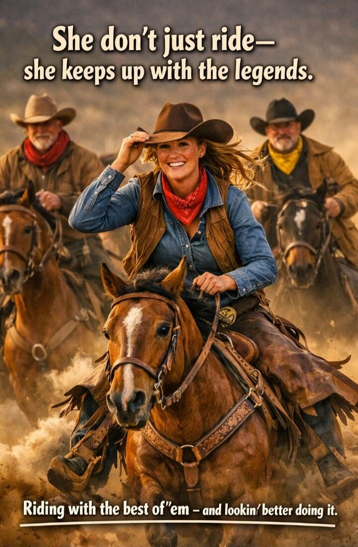 She don't just ride— she keeps up with the legends. Riding with the best of 'em — and lookin' better doing it.